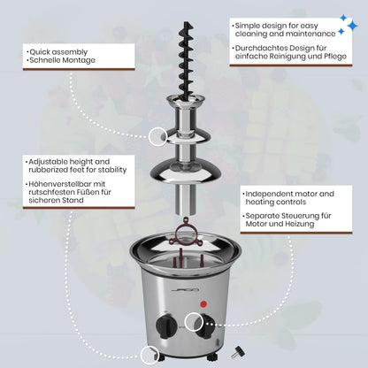 Jago® Chocolate Fountain 275W - 3 tiers, Max. Capacity 1 kg chocolate, Stainless steel, Dishwasher safe, Silver - Chocolate fountain, Chocolate fondue, Chocolate fondue, Chocolate fountain