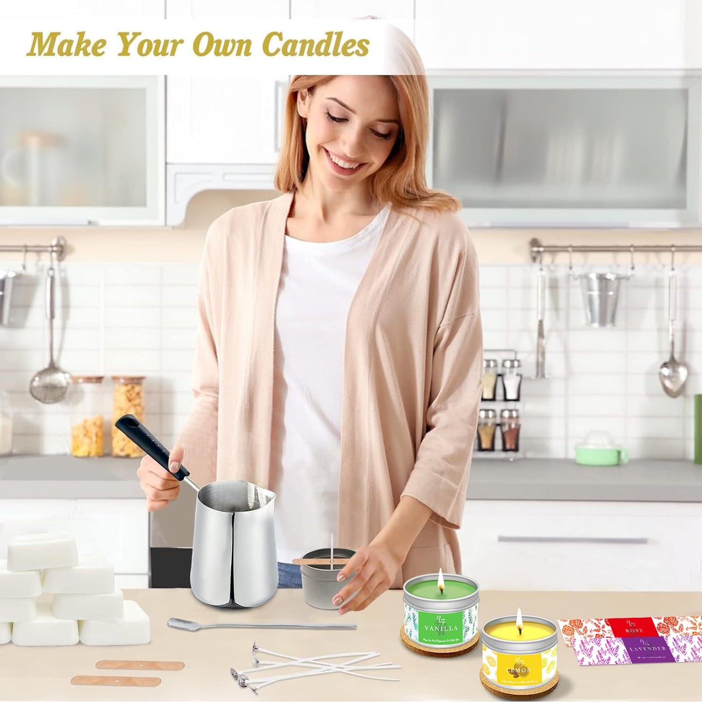 ETUOLIFE Candle Making Set, DIY Candle Making Kit, Scented Candle Gifts Set with Natural Soy Wax, Candle Melting Pot, 8 Candle Tins, 4 Fragrance Oils, 4 Color Blocks, 50 Candle Wicks Stickers, Stickers