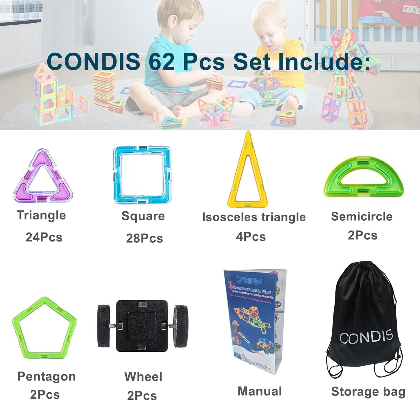 CONDIS Magnetic Building Blocks 62 Pieces, STEM Magnet Blocks, Creative Educational Toy for Montessori Preschool Learning for Boys and Girls ages 3+