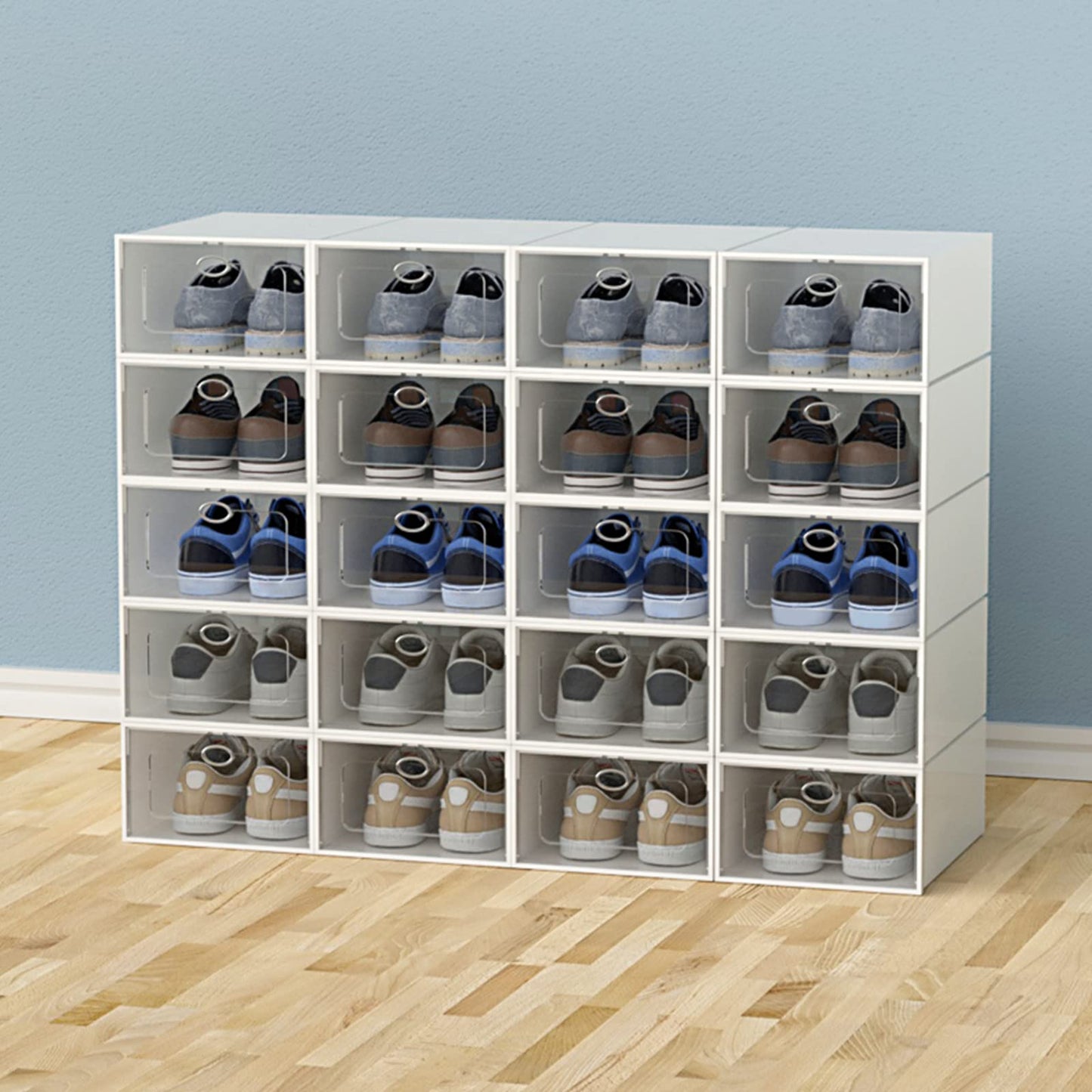 SABUIDDS Large Shoe Box 20-pack Clear Shoe Boxes Storage with Lid Plastic Shoe Organizer for Flat Shoes, High Heels, Sneakers, and Slippers, White