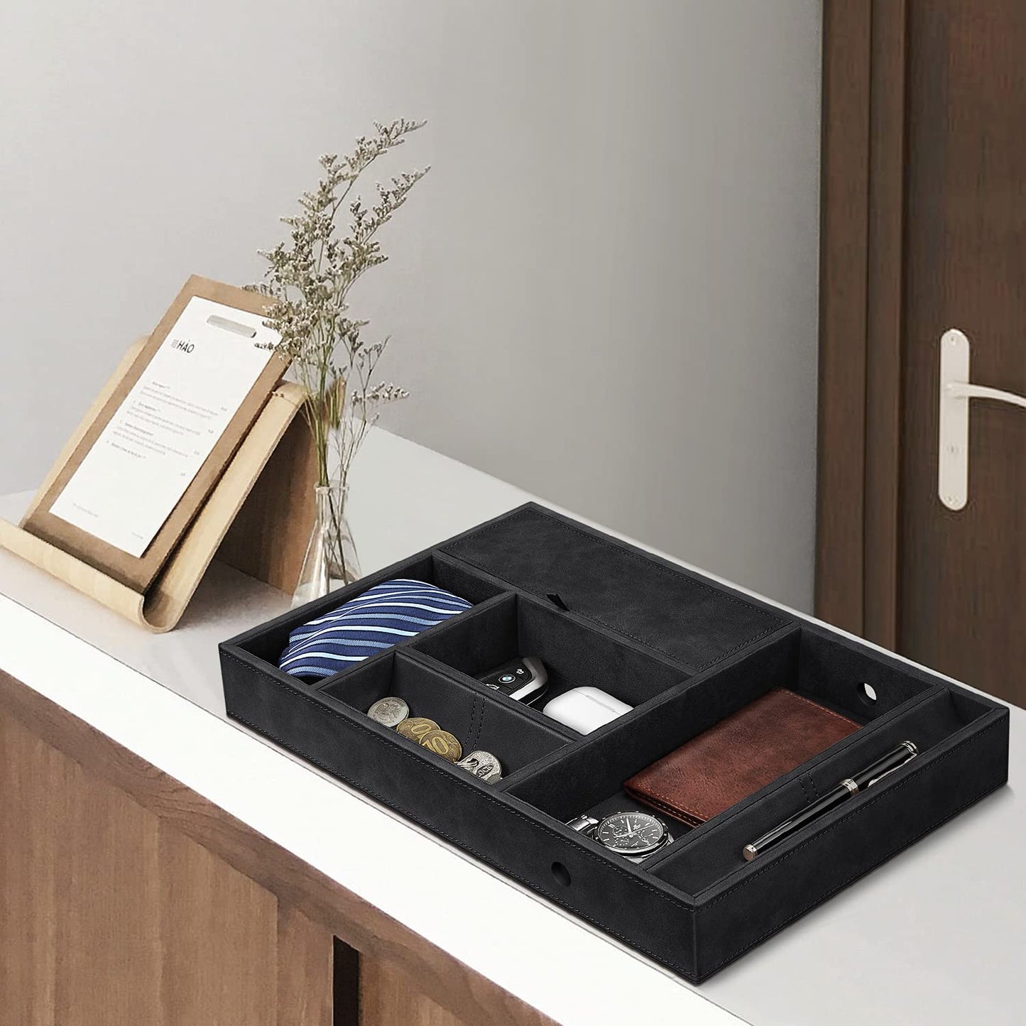 SITHON pocket emptier table organizer, 8 compartments tray organizer storage box faux leather nightstand cosmetic tray nightstand coin box key jewelry organizer, (Black)