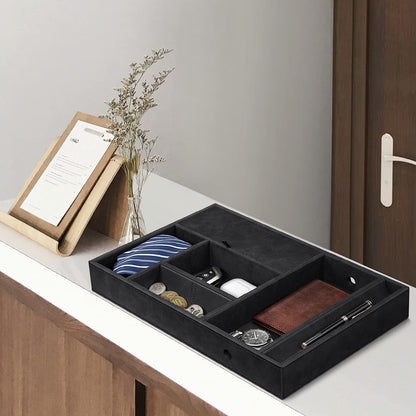 SITHON pocket emptier table organizer, 8 compartments tray organizer storage box faux leather nightstand cosmetic tray nightstand coin box key jewelry organizer, (Black)