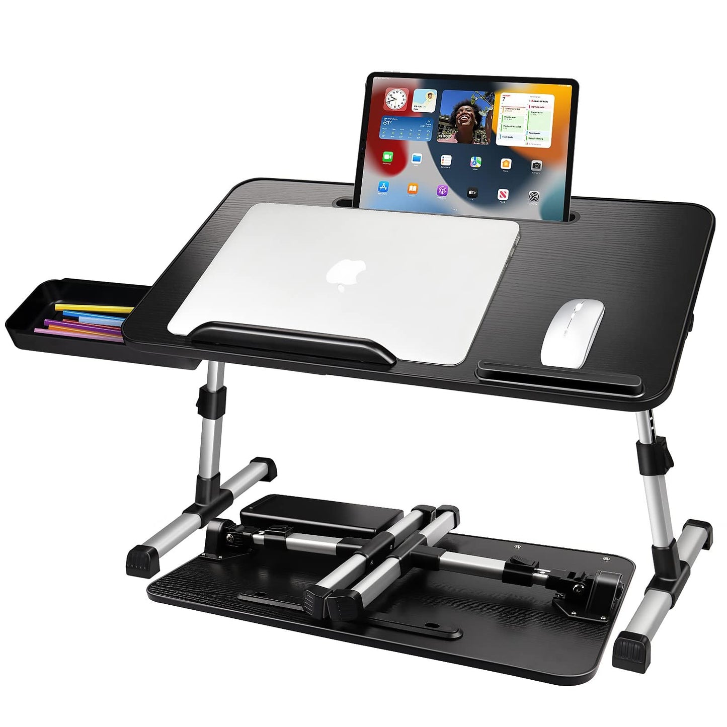 AirOpen laptop desk for bed, height adjustable, angle adjustable, folding bed table with drawer, tablet stand, laptop table for bed, sofa, couch, floor (53 x 30 cm, black)
