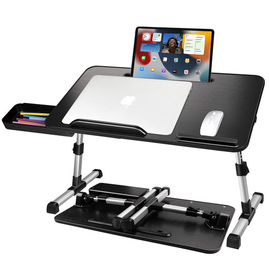 AirOpen laptop desk for bed, height adjustable, angle adjustable, folding bed table with drawer, tablet stand, laptop table for bed, sofa, couch, floor (53 x 30 cm, black)