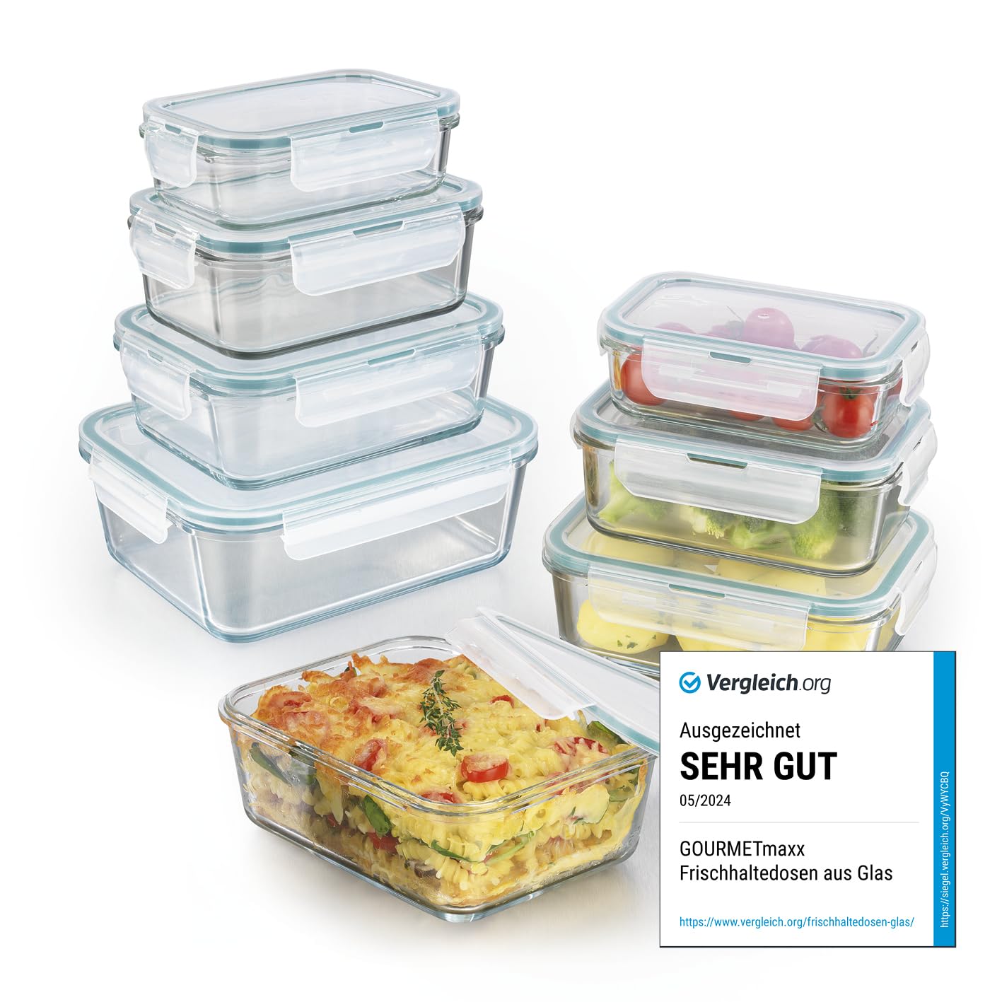 GOURMETmaxx Glass Storage Containers Klick-it 8-piece set | Perfect for sandwiches or meal prep | Dishwasher, microwave, and freezer safe | Storage box with lid
