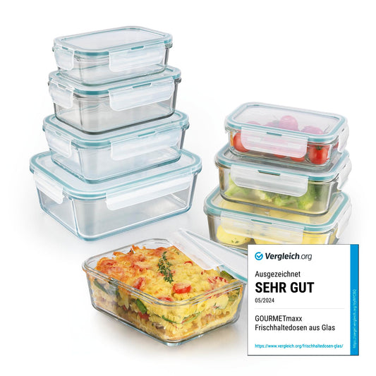 GOURMETmaxx Glass Storage Containers Klick-it 8-piece set | Perfect for sandwiches or meal prep | Dishwasher, microwave, and freezer safe | Storage box with lid