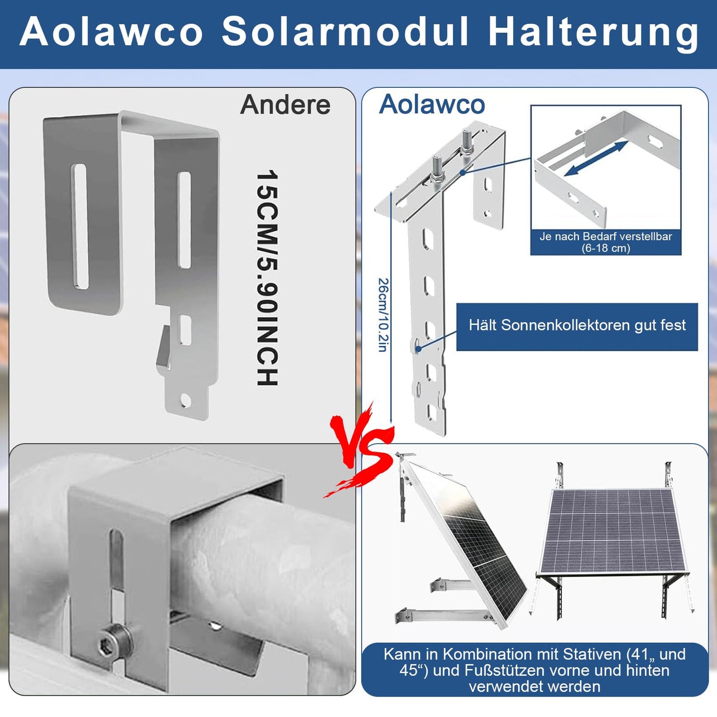 Aolawco 4 Piece Solar Balcony Power Station Bracket Balcony Hook Set, Adjustable Balcony Mount for Solar Panels, Solar Panel Bracket No Drilling Required for Solar Module Round Square Balcony Area