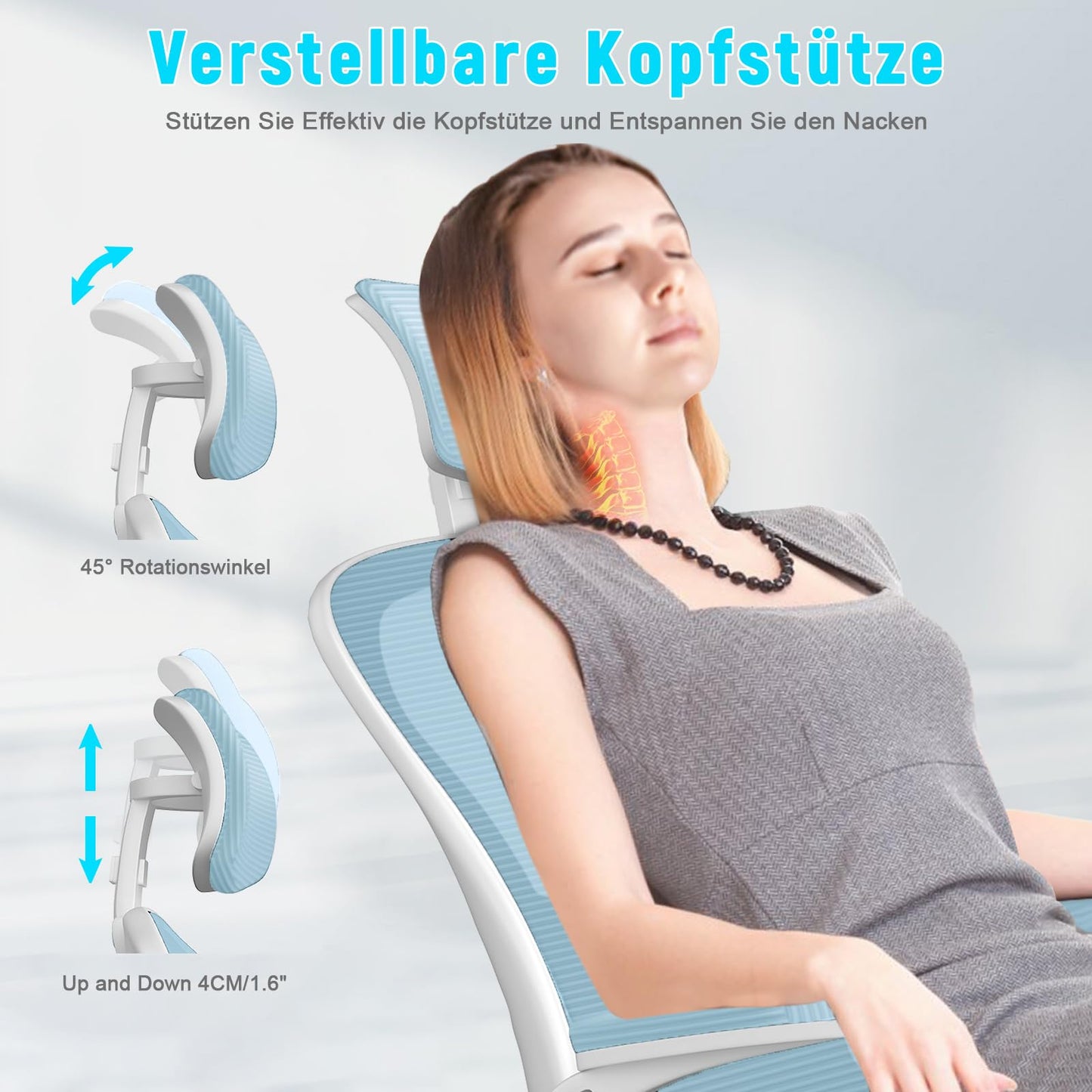 Naspaluro Ergonomic Office Chair with Breathable Mesh Backrest, Desk Chair with Adjustable Armrests, Headrest, Lumbar Support, Backrest, Height Adjustment, 360° Swivel Chair, Blue