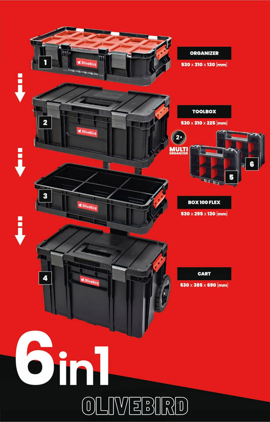 OliveBird 6 in 1 XL workshop trolley, mobile toolbox, plastic drawer set, tool case on wheels.