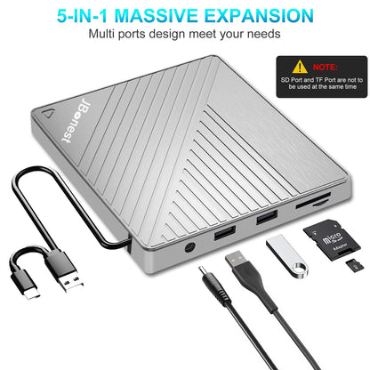 External CD DVD drive USB 3.0 Type-C, External with SD/TF card reader Portable RW burner, Fast data transfer for laptop, desktop, MacBook, Win11/10/8/7/XP, Linux, Mac OS, Vista