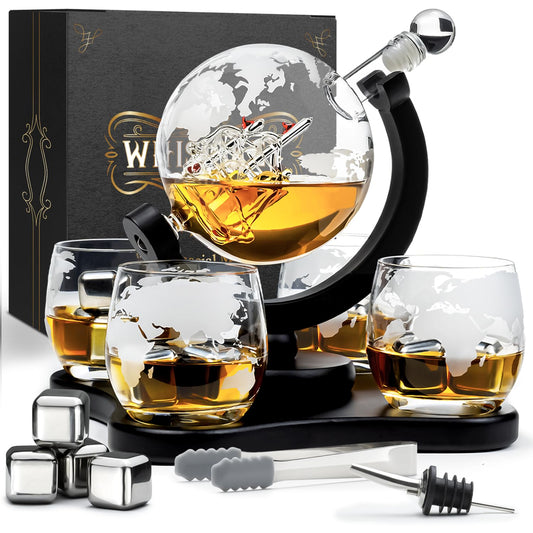 Whiskey Decanter Set - Whiskey Gift Set - Gifts for Men - Men's Gift - Birthday Gift for Men - Globe Decanter 900ML, Gift Box, 4 Whiskey Glasses, 4 Whiskey Stones