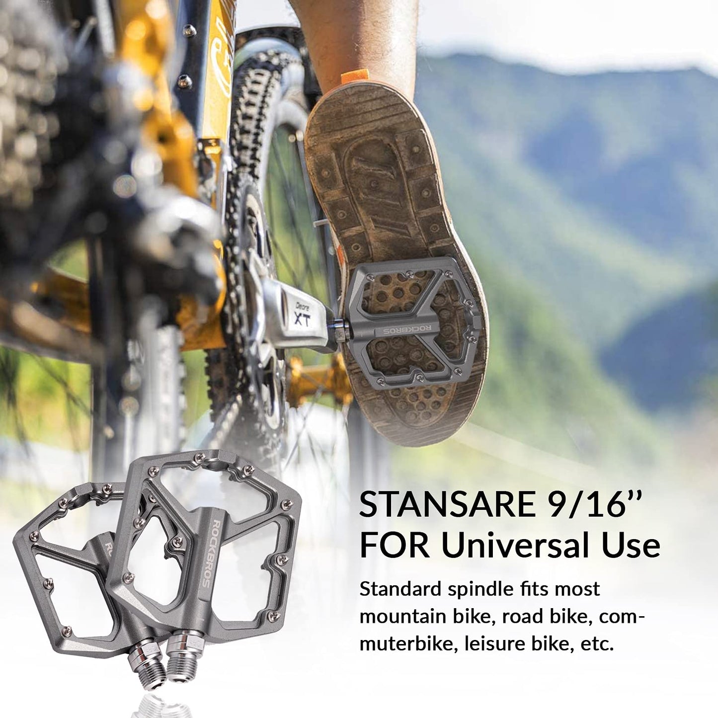 ROCKBROS Bike Pedals, CNC-machined 9/16-inch Flat Pedals made of aluminum, Flat pedals with non-slip platform & Cr-Mo steel axle for MTB, road bike, gravel & trekking bike.