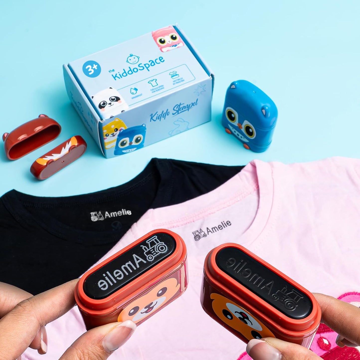 KiddoSpace Name Stamp for Kids' Textiles - (white + black ink) KiddoStamp Double-sided Name Stamp for Kids' Textiles, waterproof - personalized clothing stamp.