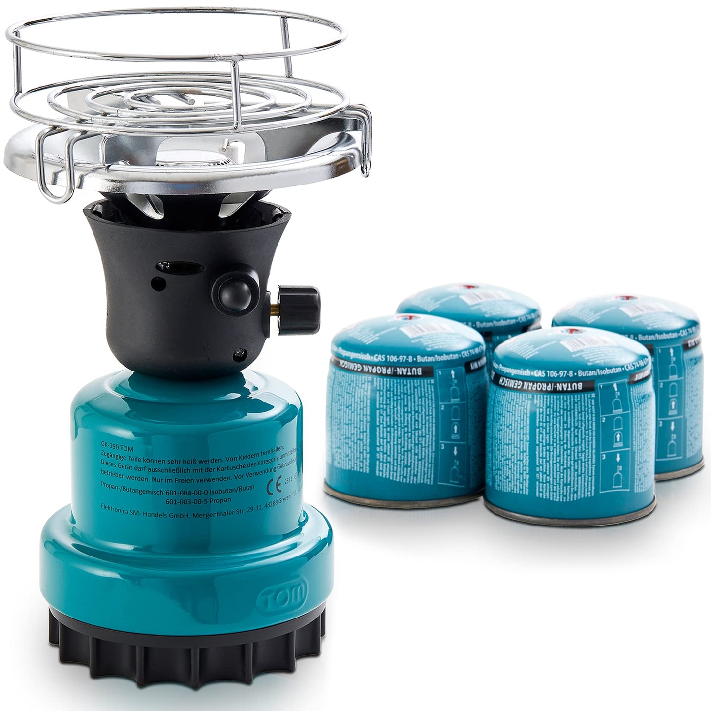 TOM Adventure Gas Camping Stove Set with 4 Butane Gas Canisters - 1 burner - Piezo ignition - Portable stove for camping, festivals & outdoor activities or as a charcoal lighter.