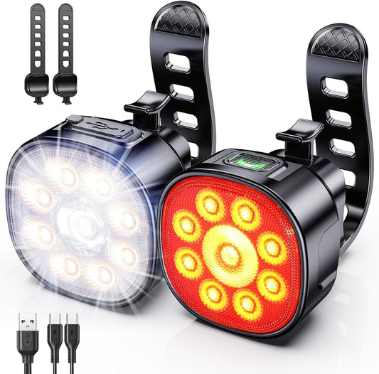 2 pieces of bicycle light, High Lumen Super Bright Bicycle Light, 8+7 modes bike headlight and taillight set, IP65 waterproof bike lights, can also be used as stroller light/helmet light/backpack light.