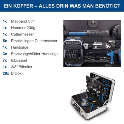 Scheppach TB150 Aluminum Tool Box filled with 101-piece Tool Set | Workshop case with wrench, hammer, pliers, screwdriver, and common tools, Ideal for workshop & household.