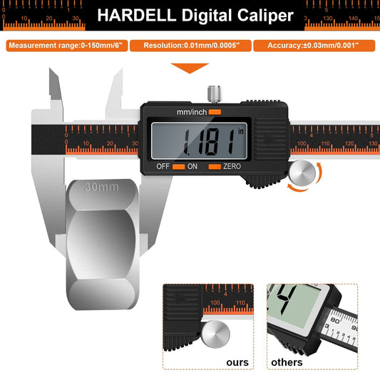 HARDELL Digital Caliper 150mm, Stainless Steel with LCD Display, Inch and Millimeter Conversion, Household & Industrial Measuring Tool with 2 Spare Batteries