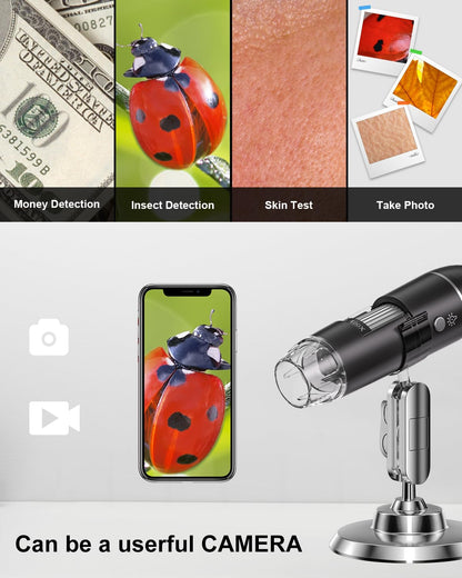 USB Microscope Digital, AOPICK 1440P microscope for iPhone Android, 10 to 200X digital microscope with 8 LED & stand HD Mobile Microscope Compatible with iOS, Android, Tablet