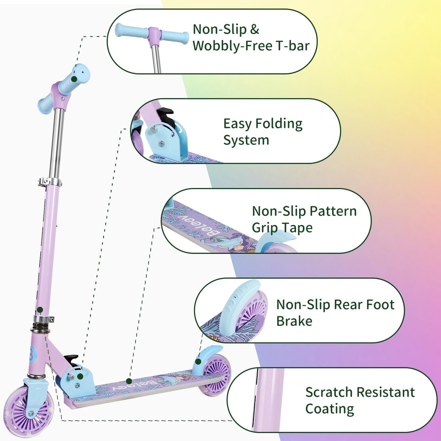 BELEEV V2 Kids Scooter, 6 years old, upgraded with LED light-up wheels, handlebar and deck, adjustable height, rear brake, foldable for kids 4 years old girls boys, for 3-12 years old.
