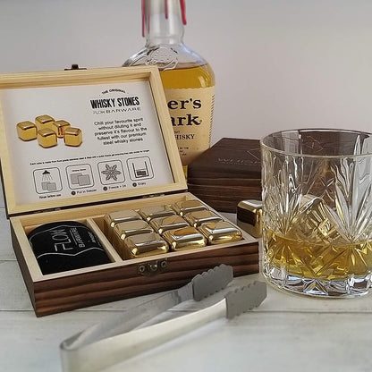 FLOW Barware Gold Whiskey Stones, gift set with ice tongs and storage bag, reusable metal ice cubes, prevent dilution of whiskey, rum, brandy, wine and gin drinks.