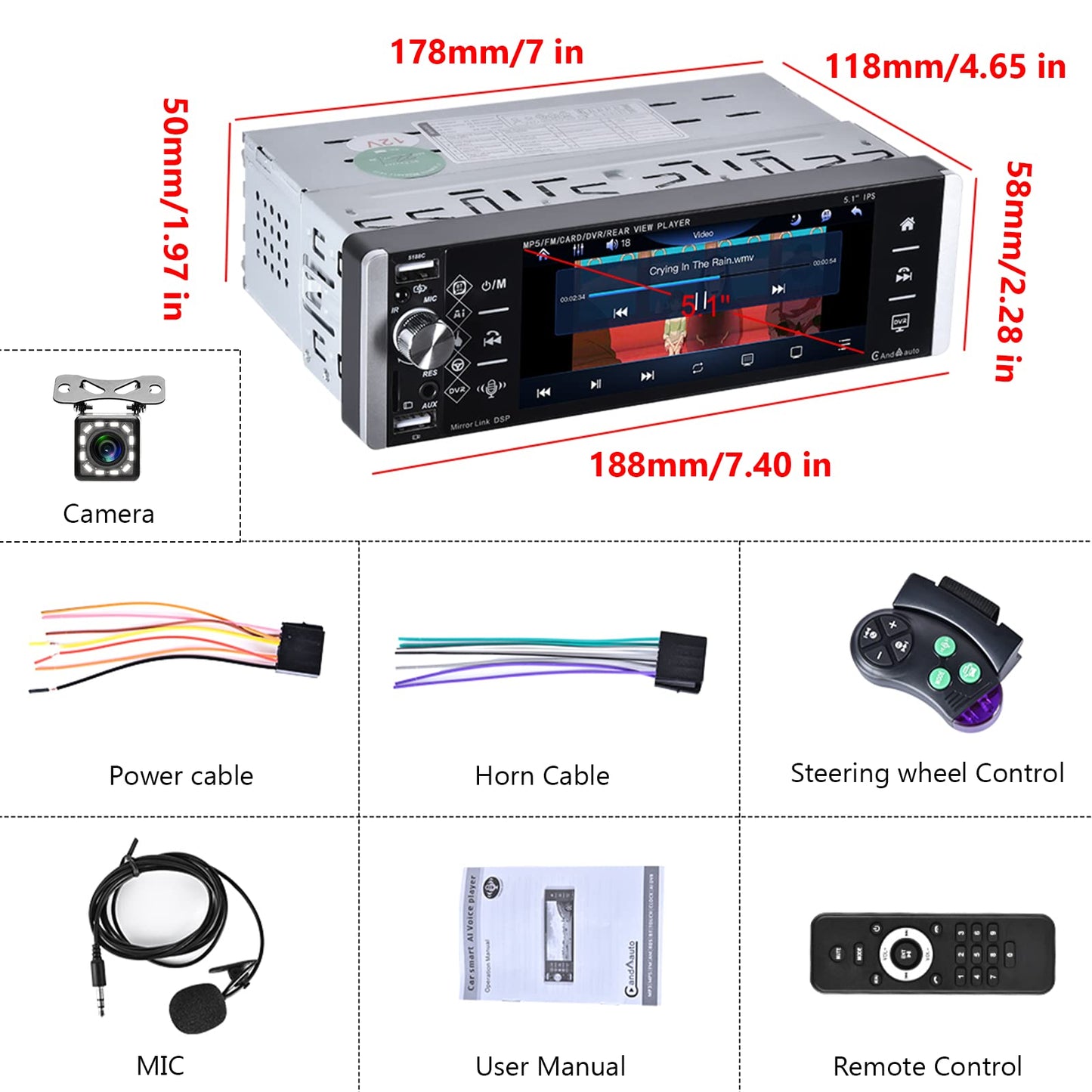Podofo car stereo 1Din Carplay Android Auto Bluetooth Radio with 5.1'' IPS screen 2 USB/microphone/AUX/FM steering wheel control Mirror Link with rear view camera