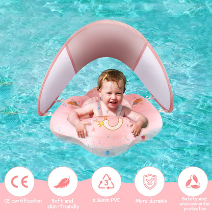 WYRIAZA swim ring baby float baby swim ring with sun canopy SPF 50+ upgrade baby swim ring 5-8kg with balance ball to prevent rollover (S 3-12 months)