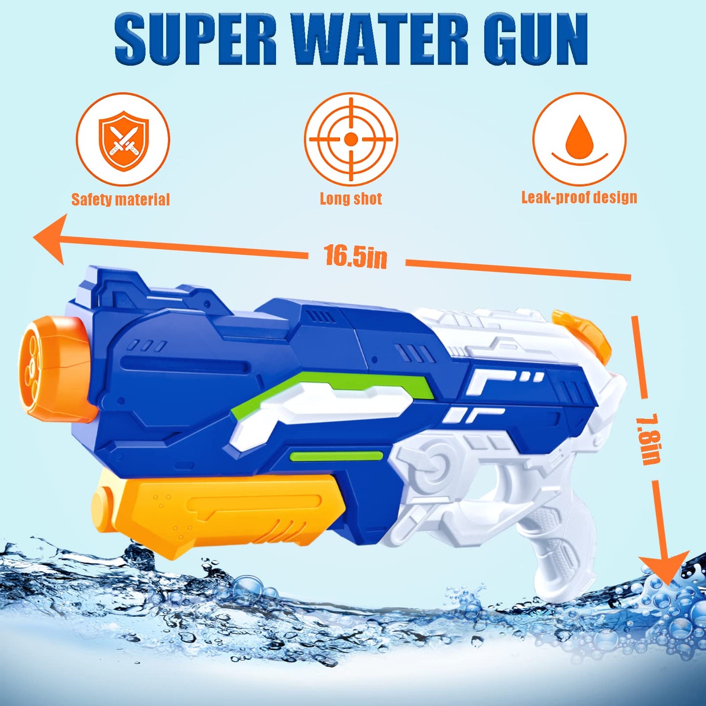 Water gun 1200ml with long range water blaster 10-11 meters. Perfect for kids and adults in the garden.