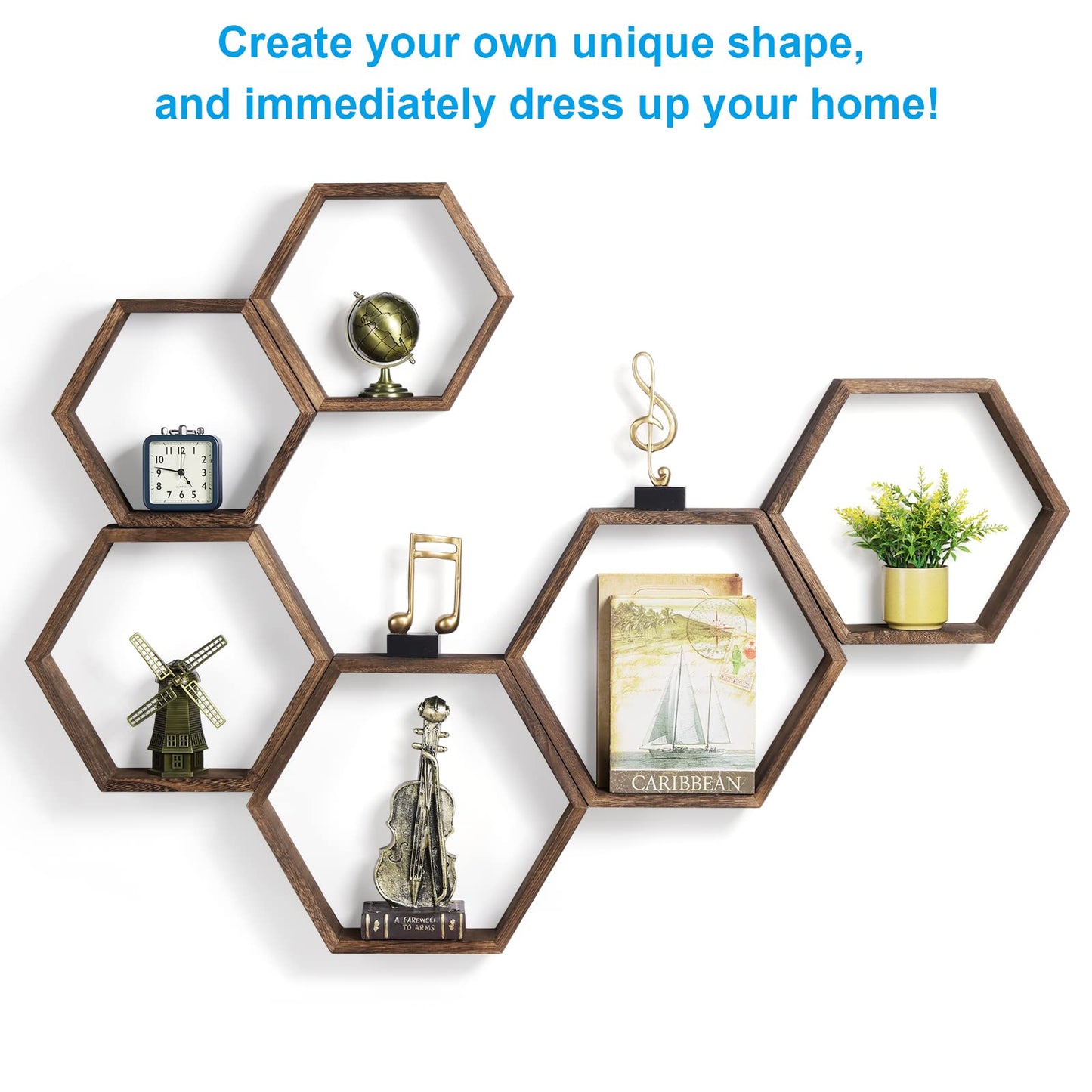 YBING Floating Hexagon Shelf Wooden Wall Shelf (Brown-6 Pack)
