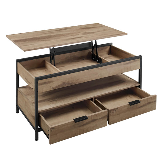 VASAGLE coffee table, adjustable living room table, with drawers, open compartment, 50 x 100 cm, camel brown-ink black LCT209K02