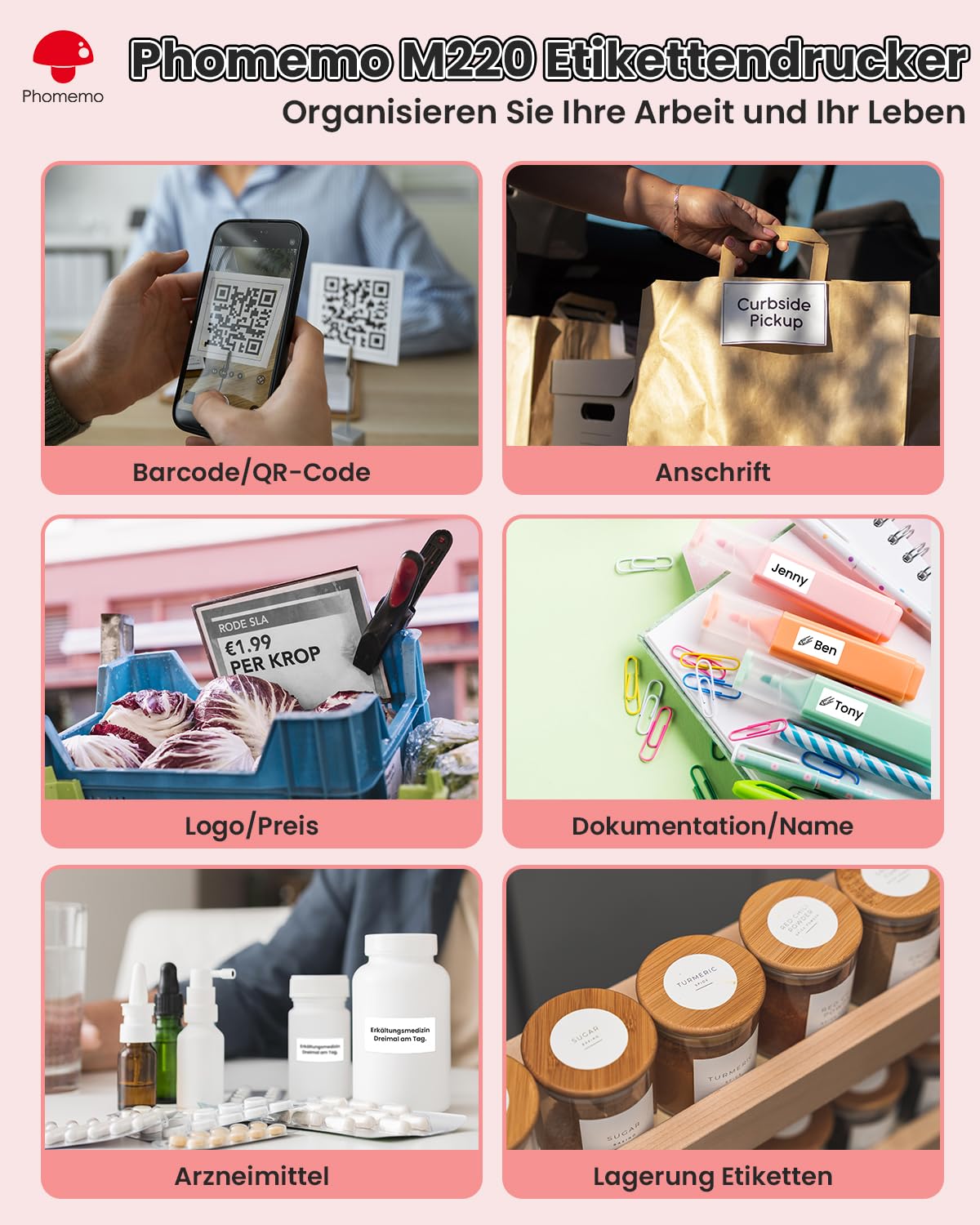 Phomemo M220 Label Printer Self-Adhesive Labeling Machine Thermal Printer Bluetooth Portable Labeler for Addresses, Mailing, Small Businesses, compatible with Phone and PC with 3 Rolls, Pink