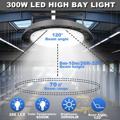 Blivrig 300W LED UFO High Bay Light Industrial Lamp 6500K Cool White 30000LM, 252 Pendant Lights 230V with Cable, IP65 Waterproof Hanging Lights Indoor Lighting for Gymnasiums, Factories