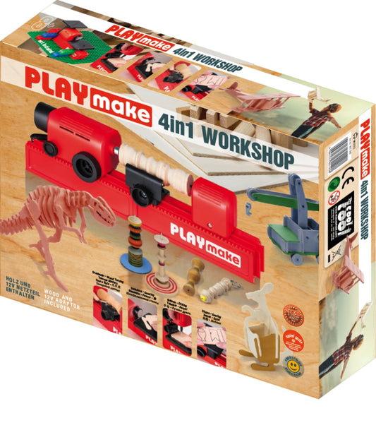 PLAYMAKE 4in1 Workshop - Creative workshop for kids 5+ - Tech toys for wood and cardboard - Safe tools for children - 4 functions in one toy - Made in Austria