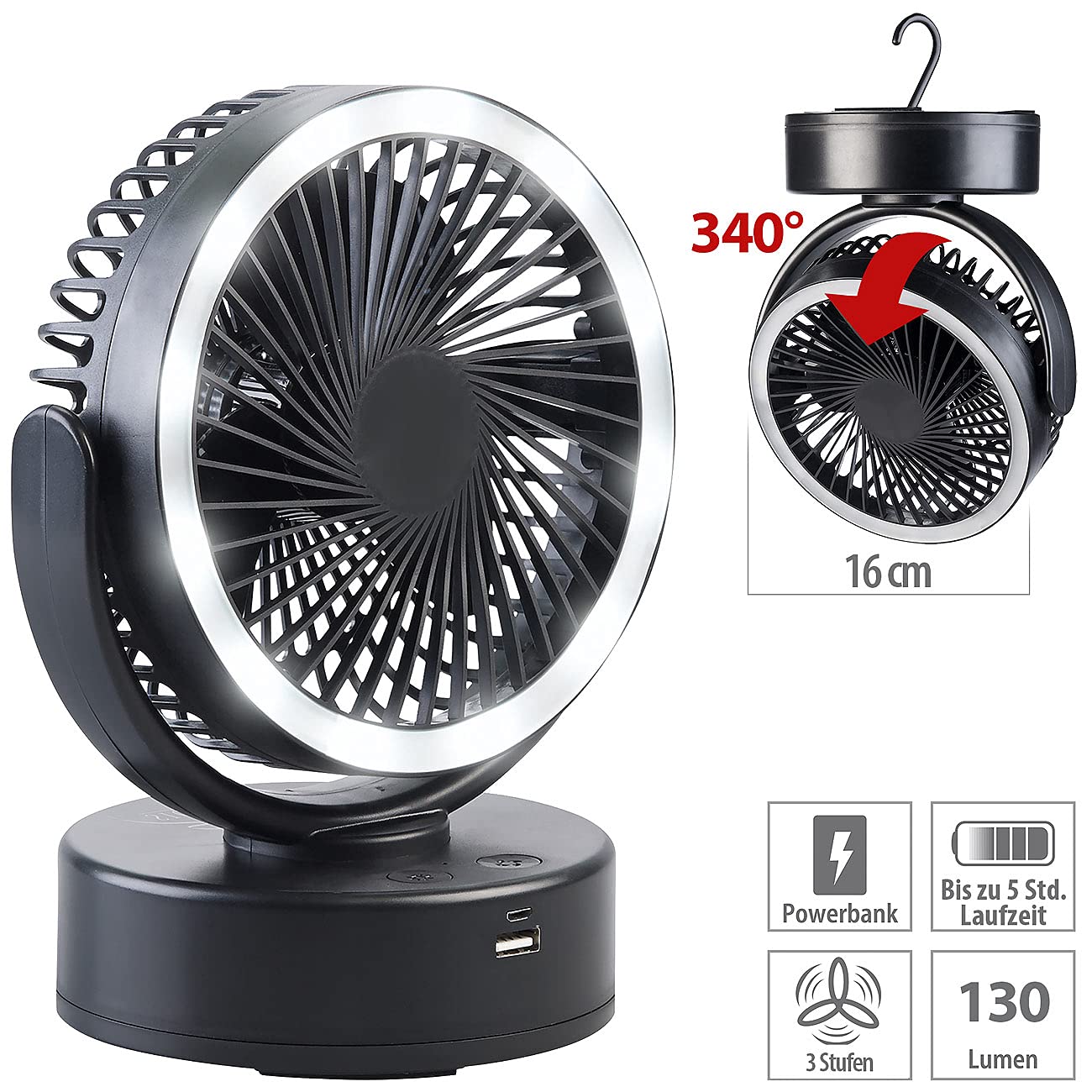 Sichler Household Appliances 3in1 Battery Camping Fan; LED light; USB power bank; Ø 16cm; 130 lm