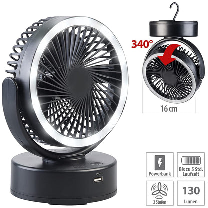 Sichler Household Appliances 3in1 Battery Camping Fan; LED light; USB power bank; Ø 16cm; 130 lm