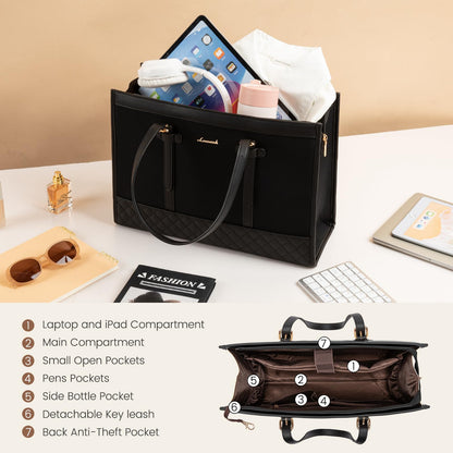 LOVEVOOK 15.6 inch Laptop Bag for Women, Work Tote Bag Teacher Bag Briefcase Medium, Shopper Handbags for Women, Large School Bag, Tote Bag Business Bag for Office College Work, Black