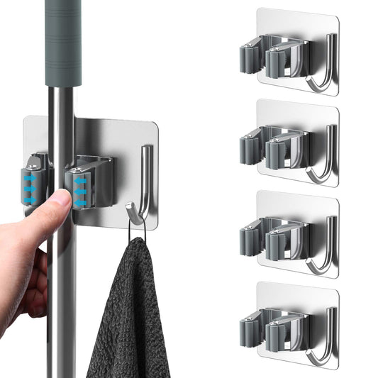 Homeasy Wall Mount Broom Holder 4 Pack Self Adhesive Stainless Steel No Drilling Mop Holder Tool Organizer with Hooks for Kitchen Bathroom Garden Balcony (Silver)