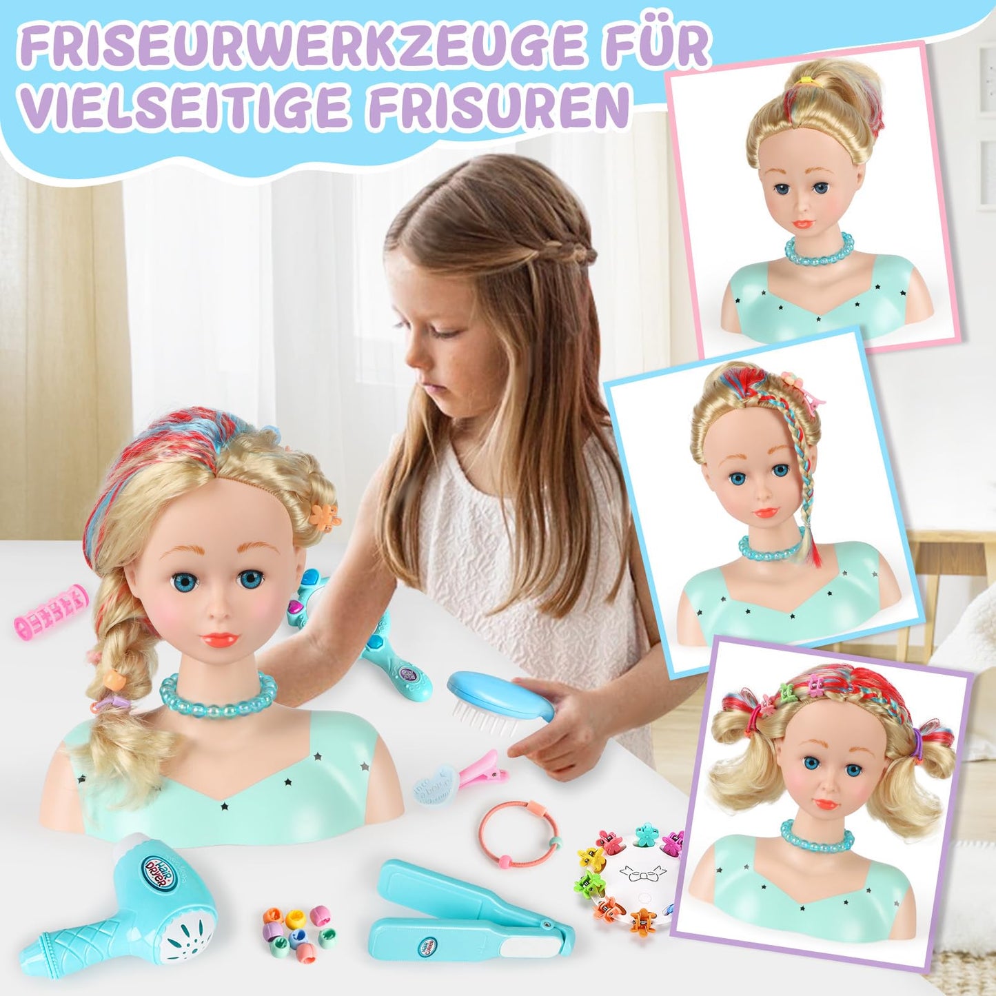 BuzzoXerex Styling Head Kid Set, 58 Piece Makeup Head for Girls Washable, Doll Head for Styling Kids with Hair Accessories and Cosmetics Birthday Christmas Gifts for 3 and up (Blue)