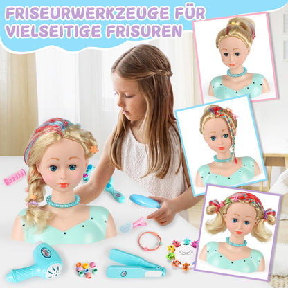 BuzzoXerex Styling Head Kid Set, 58 Piece Makeup Head for Girls Washable, Doll Head for Styling Kids with Hair Accessories and Cosmetics Birthday Christmas Gifts for 3 and up (Blue)