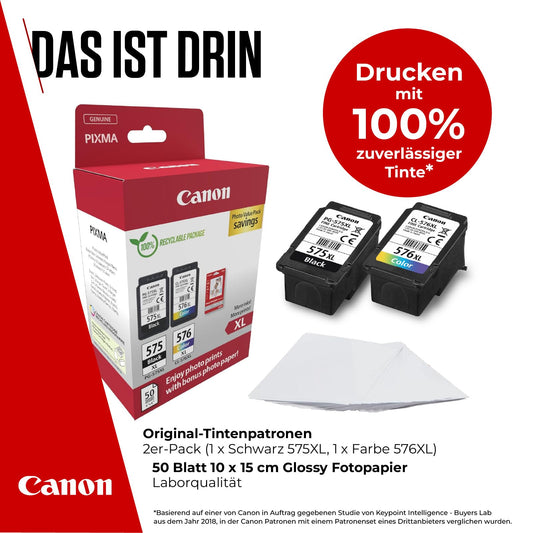 Canon ink cartridges & paper multipack - PG-575XL/CL-576XL original printer cartridges 2 pack (1 x black, 1 x color) & 4x6 photo paper (50 sheets)