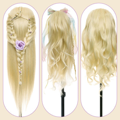 24 inch hairdressing head with 50% real hair. Ideal for practicing hair styling techniques, perfect for hairdressing students. Comes with stand and DIY hair set. Great for training hairstylists.