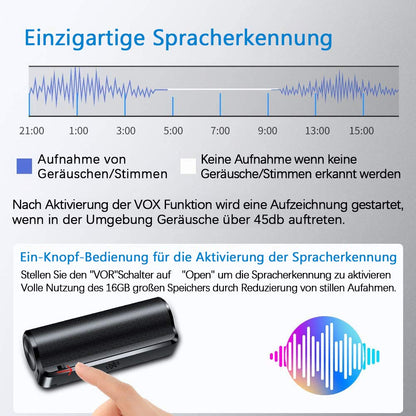 Mini voice recorder with 16GB storage, voice activation, 3200 mA battery, strong built-in magnet, and 192 hours recording capacity. Perfect for lectures, interviews, meetings, and more.