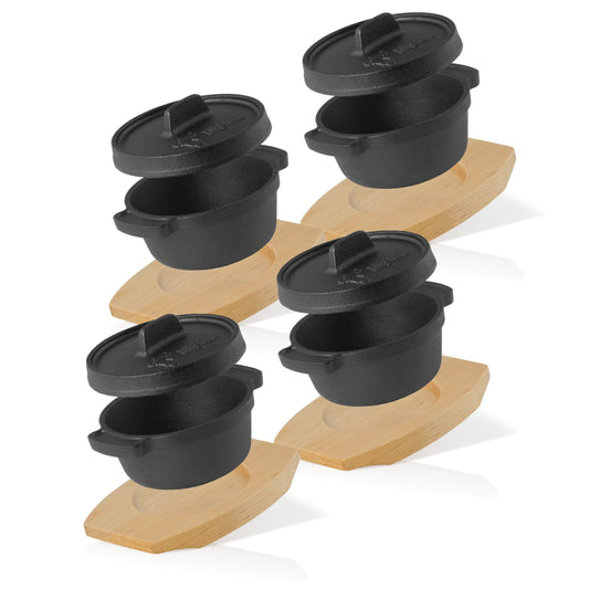BBQ-Toro Mini Dutch Oven (4 pieces) | Ø 11 cm | Cast Iron Serving Pot with wooden base | pre-seasoned | Small cooking pot dutch oven