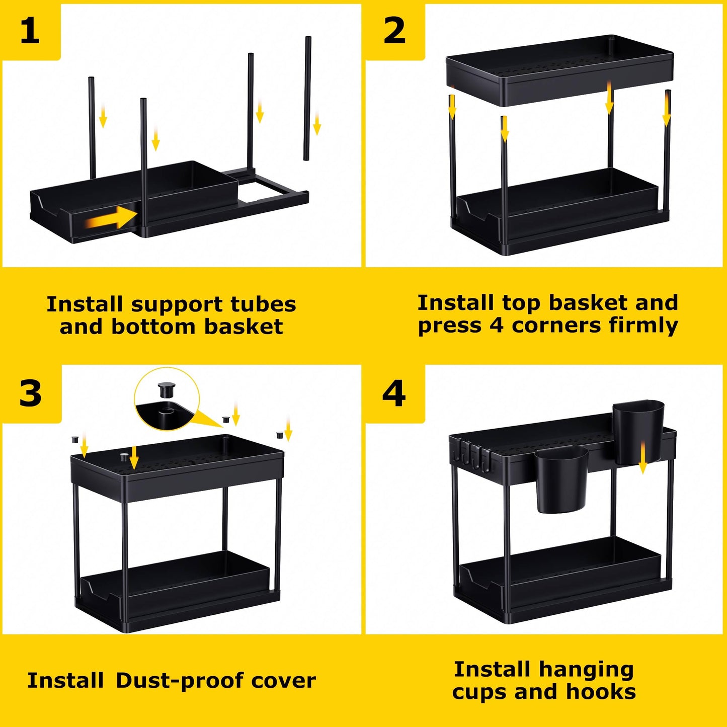 AIXPI Kitchen Organizer 2 Tiers, Under Sink Shelf with Hooks and Cup Spice Rack Sink Cabinet Organizer Kitchen Shelf Cabinet Organizer for Bathroom Kitchen Black 2 Set