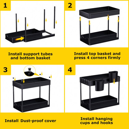 AIXPI Kitchen Organizer 2 Tiers, Under Sink Shelf with Hooks and Cup Spice Rack Sink Cabinet Organizer Kitchen Shelf Cabinet Organizer for Bathroom Kitchen Black 2 Set