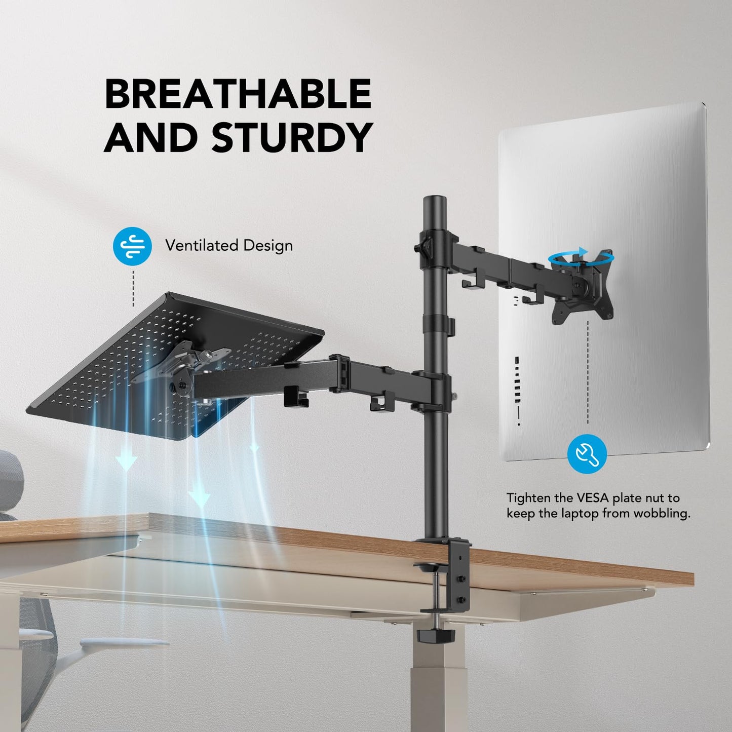 HUANUO monitor mount with laptop arm, monitor laptop mount for 13-32 inch screen mount 1 monitor & 17 inch notebook, VESA 75/100.