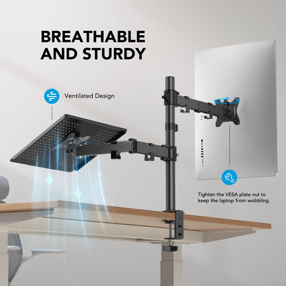 HUANUO monitor mount with laptop arm, monitor laptop mount for 13-32 inch screen mount 1 monitor & 17 inch notebook, VESA 75/100.