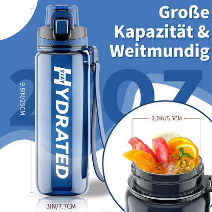 Mevoly 750ML water bottle, BPA-Free Tritan sports bottle with time markings. Leak-proof for fitness, outdoor, gym, school.