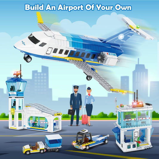 CUBIMANA City Passenger Plane Building Set, 3 IN 1 airplane building set with terminal, radar tower, luggage cart. Aircraft model building blocks toy gift for boys, girls, kids 6, 7, 8, 9+ years old.