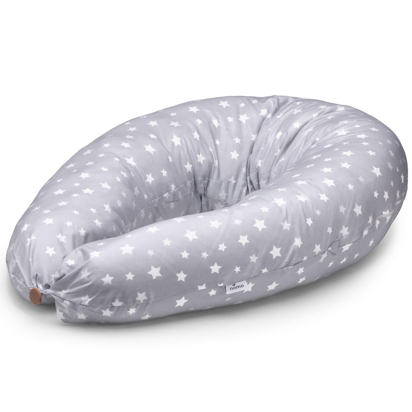 Niimo XXL 2-in-1 Pregnancy Pillow & Nursing Pillow - 100% cotton cover with fiber filling, 100% washable, ergonomic & multifunctional, Grey with white stars (200 x 70 cm)