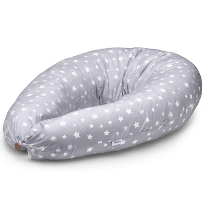 Niimo XXL 2-in-1 Pregnancy Pillow & Nursing Pillow - 100% cotton cover with fiber filling, 100% washable, ergonomic & multifunctional, Grey with white stars (200 x 70 cm)